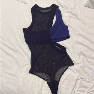 h:ours Asymmetrical Sleeveless Bodysuit in Blue and Black
